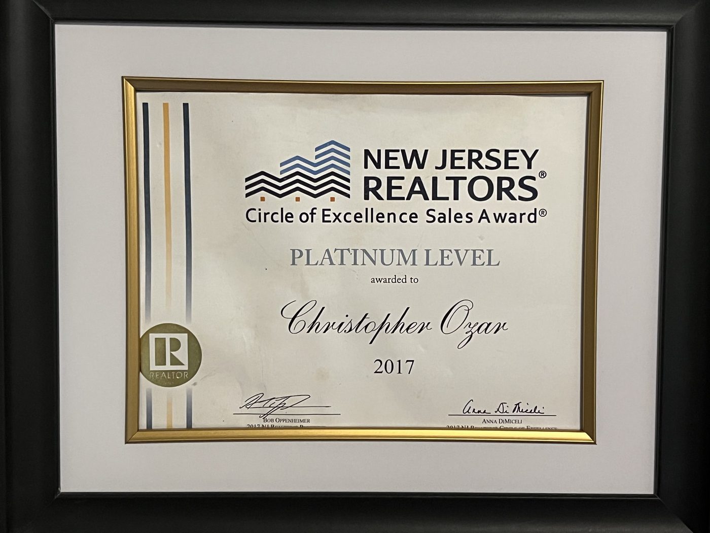 New Jersey REALTORS Circle of Excellence Sales Award, Platinum Level, 2017, Christopher Ozar