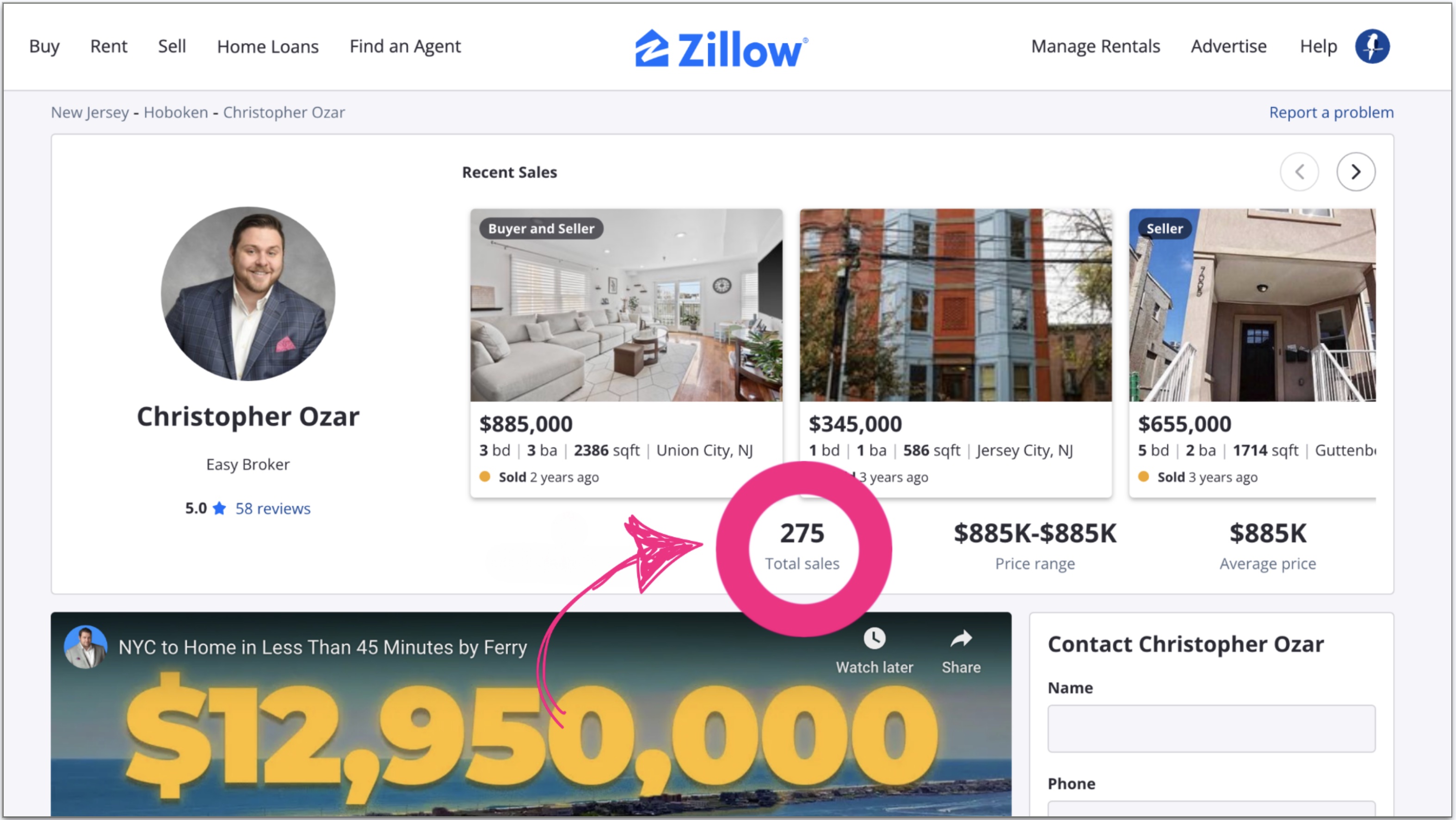 Zillow profile showing 275 sales